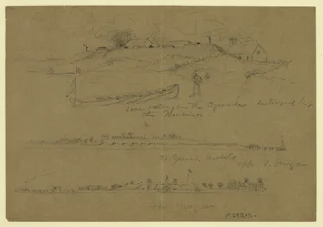 Three scenes of military facilities - lower battery on the Ogeechee destroyed by the Pembina