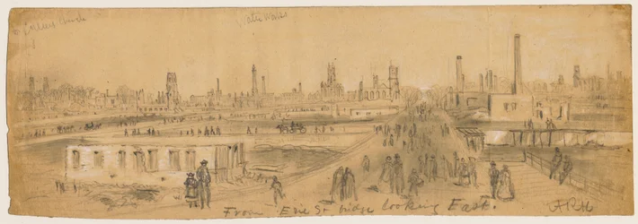 View from Erie Street Bridge looking east during the Chicago Fire of 1871