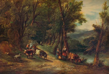 Cattle and Figures in Wooded Valley with Stream