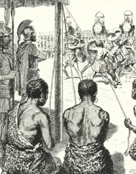 Captive Gauls fighting each other to the death in front of Hannibal for the opportunity to join the Carthaginian army