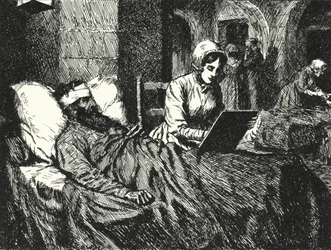 English nurse Florence Nightingale writing a letter for a soldier wounded in the Crimean War at the hospital of Scutari, 1855