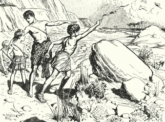 Hannibal and his brothers learning to throw stones with a sling