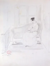 George Sand (1804-76), reading on a sofa beside a window, 1833