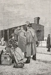 Five Minutes Stop, Two Men Standing at a Train Stop Drinking and Eating, Engraving from a Painting by Alfredo Luxoro (1859-1918), from L