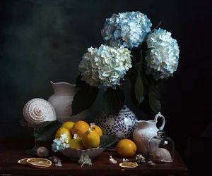 Blue Hydrangeas and Lemons