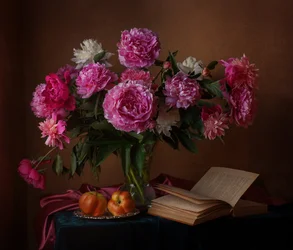 Peonies Books and Apples