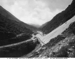 View of Valle del Serra from Desiata Bridge with the marble quarries along the road section Seravezza-Trambiserra in the Apuane Alps