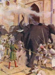 War Elephants Charge the Gates of the Fort at Arcot