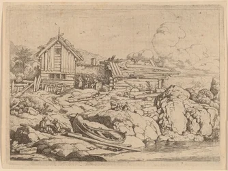 Boat at a River Bank with Three Goats
