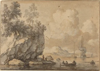 Figures in Rowing Boats in a Rocky Cove, Sailing Ships Beyond