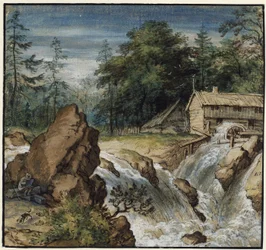 Nordic Landscape with a Draughtsman by a Waterfall