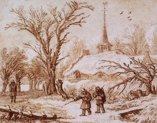 Travellers on a Road near a Village in Winter