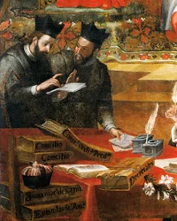 Discussion between two Jesuits (detail), St Raymond of Penafort, advisor to Pope Gregory IX, by Alonso Antonio Villamor. From the St Steven