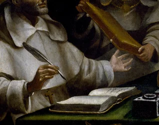 The hands of St Albert as he writes (detail)