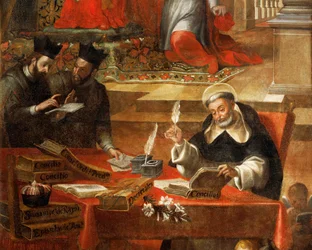Two Jesuits talking while St Raymond writes the Council (detail), St Raymond of Penafort, advisor to Pope Gregory IX, by Alonso Antonio Villamor. From the Convent of St Esteban, Salamanca, Spain.