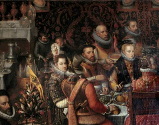 The Banquet of the Monarchs of the House of Austria. Detail showing on the right Anne of Austria (1549-1580), wife of Philip II of Spain (1527-1598), with her entourage, and on the left the Infanta Isabella Clara Eugenia (1566-1633).