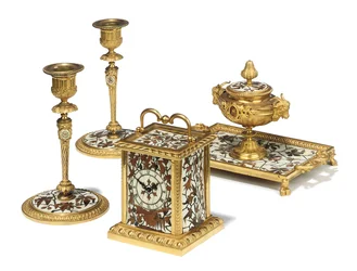 Napoleon III four-piece desk set, marquetry by Duvinage and Harinckouk