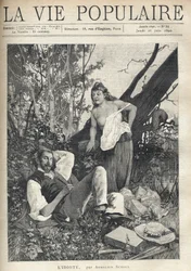 A young woman, disheveled, partially nude, with an exposed chest, leans with confidence and fun towards a painter lying, sleeping in the middle of nature, jacket, hat, material, and pipe scattered on the floor. Illustration by Alfons Maria Mucha