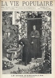 At the entrance of the presbytery, a treatment is directed to a younger person. The garden is very blossomed, equipped with a tank and a watering can, at the bottom you can see the bell tower of the village. Illustration by Alfons Maria Mucha
