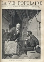 Behind the stage of a theatre, crowded with props and sets, the actors coming out of the stage, a man between two ages addresses a young man sitting, thoughtful, while waving a sheet of sheet, in order to make it vibrate to produce the sound of the storm