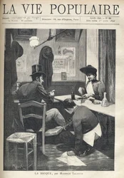 In a restaurant, a man and a woman are separate and have dinner. The service boy is crouching near the man, installing a hot brick under his feet. Illustration by Alfons Maria Mucha (Alphonse Marie Mucha)