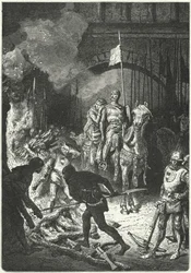 El Cid, accompanied by his wife Dona Jimena, oversees the building of the funeral pyre of Ahmed, Moorish King of Valencia