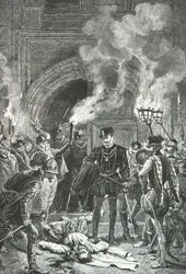 Massacre of Saint Bartholomew, the Duke of Guise pushes the corpse of Gaspard de Coligny with his foot