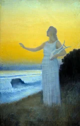 Anthem to the Sea: Young Woman Holding a Lyre Facing the Sea, Evoking the Greek Poetess Sappho