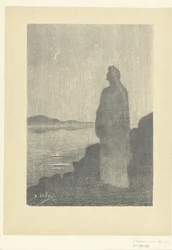 Standing Woman by the Waterside Looking at the Moon