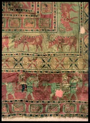 Pile carpet depicting horses and riders, fallow deer and griffins, from the Pazyryk Burial Mounds, 5th-4th century BC