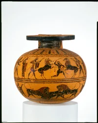 Terracotta aryballos (oil flask), c.550 BC