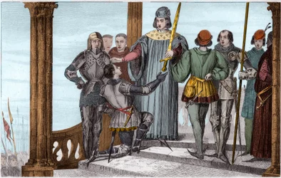 Charles V (1358-80) the Wise presents his sword to Duguesdin - Charles V the Wise (1338-1380) solemnly presents the sword of constable Bertrand du Guesclin (1320-1380) - Engraving 1825 in 