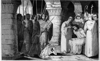 Childeric III (714-751) is dethroned and confined to a monastery - Childeric III dethroned and enclosed by Pepin le Brit in a monastery in Saint Omer between 742-749 - Engraving of 1825 in 