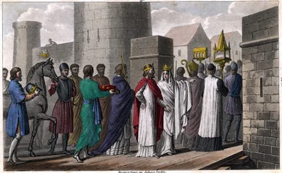 Chilperic, after the murder of Sigebert, entered Paris in a procession so as not to appear to violate the oath he had made to come there only with the consent of his brothers. Brunehaut (or Brunehilde), who had gone there with her son Childebert