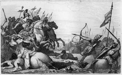 Clodion the Hairy (c. 428-c. 448) retreats across the bridge after his defeat by Aetius - Clodion, called “the Hairy” (c. 428-c. 448), ancestor of the Merovingians and leader of the Salian Franks - Clodion is defeated by Aetius, general of Valentinian III.
