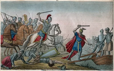Chlodio, called "the Long-Haired" (428-448), ancestor of the Merovingians and leader of the Salian Franks. Chlodio was defeated by Aetius, general of Valentinian III, who forced him to recross the Rhine. Drawn and engraved by Ambroise Tardieu in 1825.