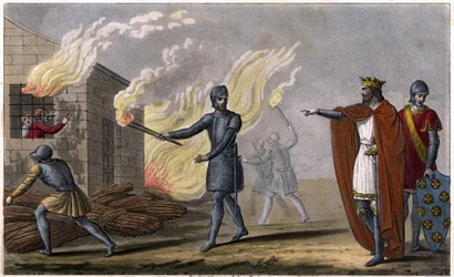 Clotaire I (497 - 561) burns his son Chramne in a cottage, revolt against him - Reign of Clotaire. Clotaire burned in a cottage his son Chramne rebelled against him - Drawn and engraved by Ambroise Tardieu in 1825