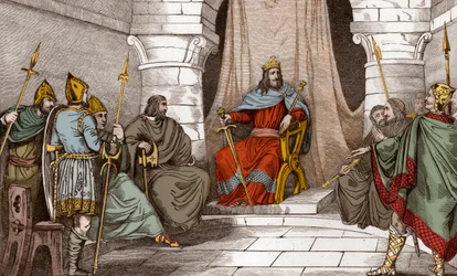 King Charibert (521-567) in Council with Magistrates - Caribert or Cherebert, king of Paris (561-567) holding councils, or he rendered justice - Engraving of 1825 in Histoire de France represented by synoptic paintings dediee to the children of France