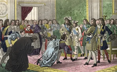 Louis XIV (1638-1715), surrounded by his family and the most important figures of the Court, presents his grandson Philip V to the envoys of Spain as their new king in 1700 - Designed and engraved by Ambroise Tardieu in 1825