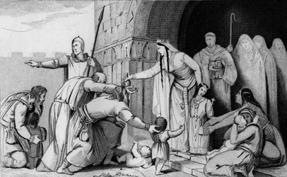 Queen Bathild (626 or 627 to 680) gives money to the poor - Bathilde (wife of Clovis II) abolishes a tribute that the Gauls paid by head, finding that some parents too poor to pay let their newborns die - Chelles Abbey - Engraving