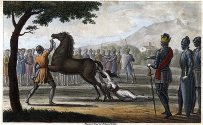 The death of Queen Brunhilda of Austrasia, a Visigothic princess married to King Sigebert I of Austrasia - Death of Brunehaut (or Brunehilde) ordered by Clotaire II (613). Drawing and engraving by Ambroise Tardieu, 1825.