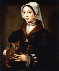 Portrait of a lady, three-quarter-length, wearing dark costume, holding a cat