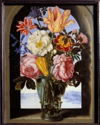 Bouquet of Flowers in a Stone Frame Opening onto a Landscape