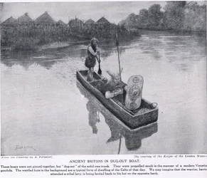 Ancient Britons in dug-out boat, illustration from 