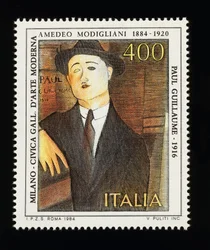Postage Stamp from Italian Arts Series Honoring Amedeo Modigliani, Depicting Portrait of Paul Guillaume (1916), 400-lire Stamp