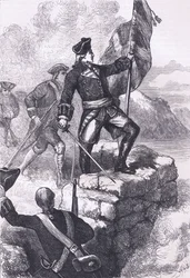 Washington planting the British flag at Fort Duquesne (illustration from 