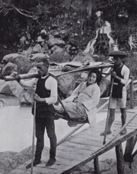 Japanese lady crossing the Daiya River near Nikko