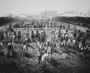 Buffalo Bill (1846-1917) and his riders on parade, Omaha, Nebraska