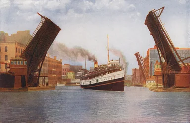 Chicago: State Street Bascule Bridge Lifted for Excursion Steamer