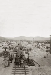 Construction in 1869 of the Central Pacific Railways - Nevada - Workers building the railway lines of the Central Pacific Company to build the first North American transcontinental railway